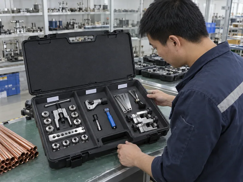 Separated flare tooling case with dies cutter deburring tool and gauges
