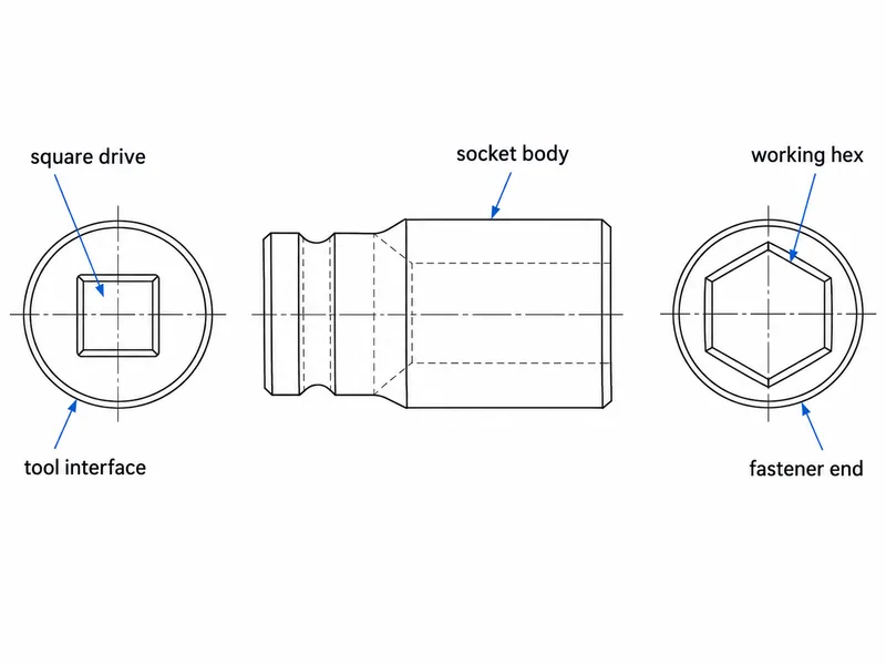 Labeled technical diagram separating socket square drive from working hex opening