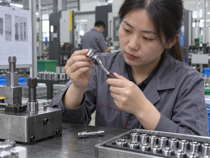Chinese quality technician checking a compact quarter-inch drive socket and ratchet in an access fixture