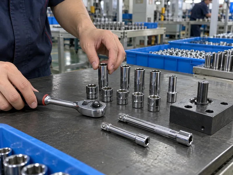 B2B factory bench showing three-eighths drive ratchet, extensions, and shallow and deep sockets