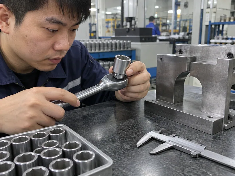 Chinese QC technician checking half-inch square-drive engagement and socket clearance