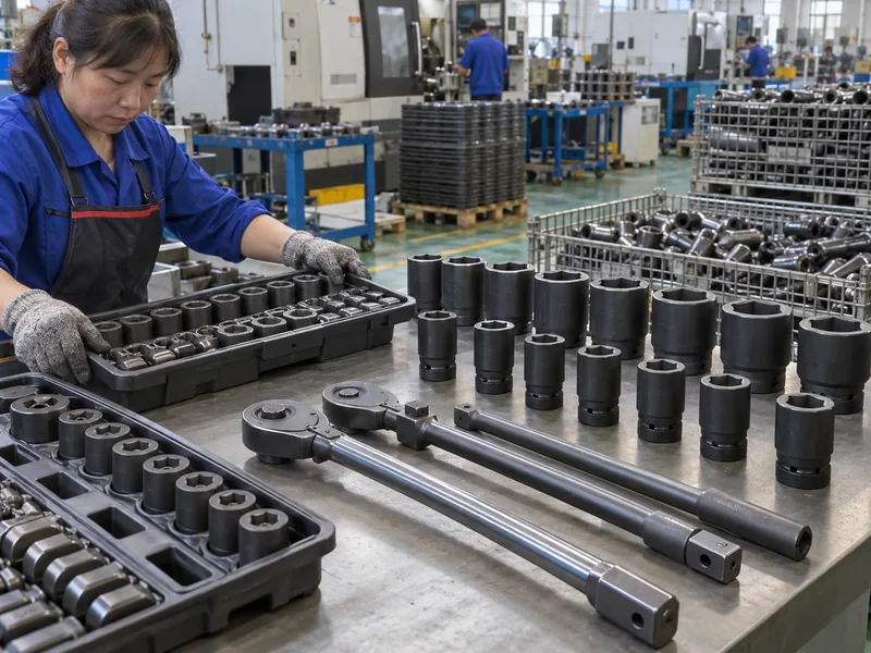 Industrial socket range layout with three-quarter-inch and one-inch square-drive tools