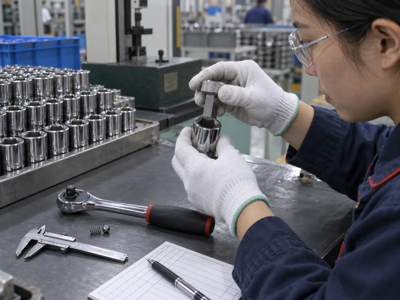 Chinese QC technician checking square-drive opening, detent retention, and socket body with master gauges
