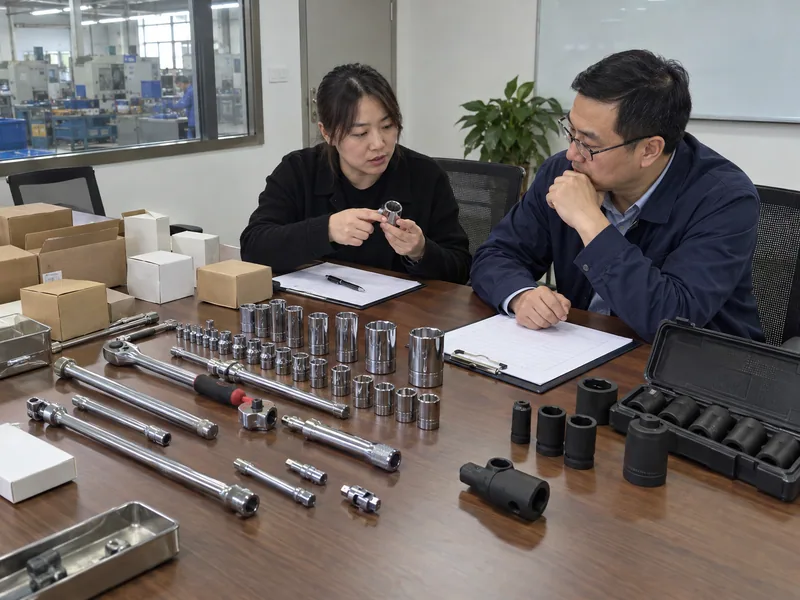 Chinese supplier and importer reviewing square-drive socket RFQ samples and blank inspection forms