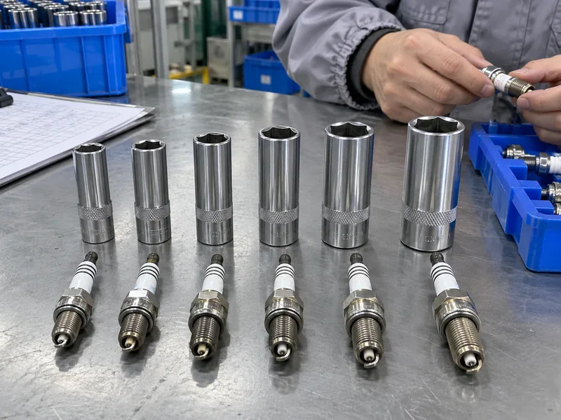 Unbranded spark plug sockets in six common hex sizes arranged on a factory inspection bench