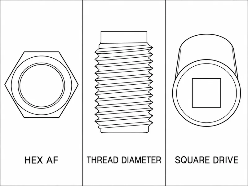 Labeled three-panel technical diagram for spark plug hex, thread diameter, and socket square drive