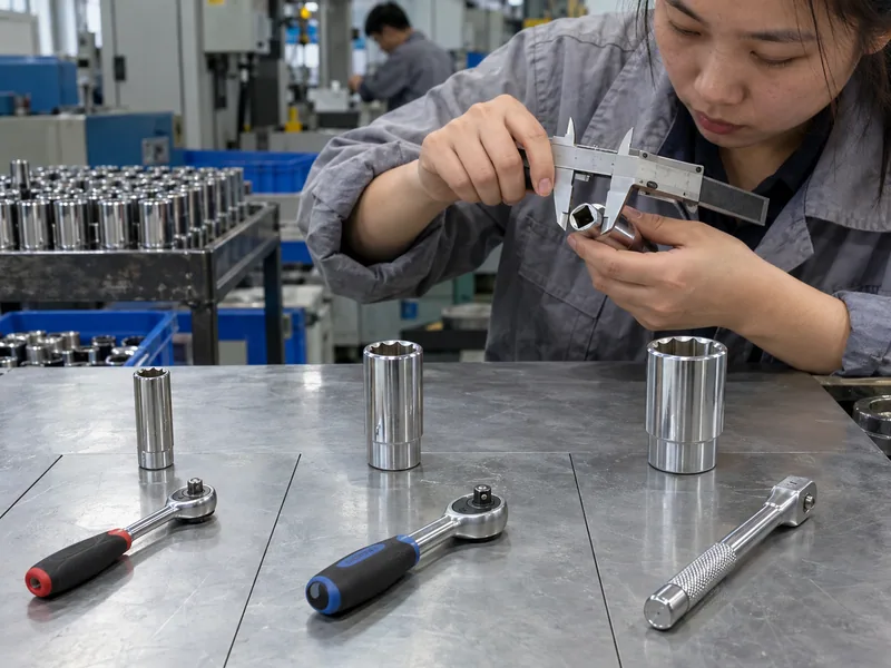 Three spark plug socket drive connections with matching ratchets and extensions on a factory bench