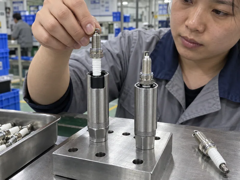 Rubber insert and magnetic spark plug sockets holding separate sample plugs during retention inspection