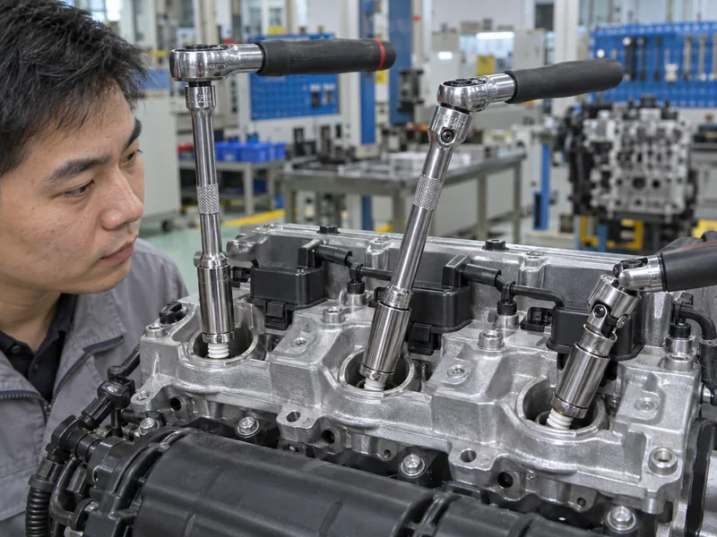 Straight, wobble, and swivel spark plug socket access options arranged around an engine fixture