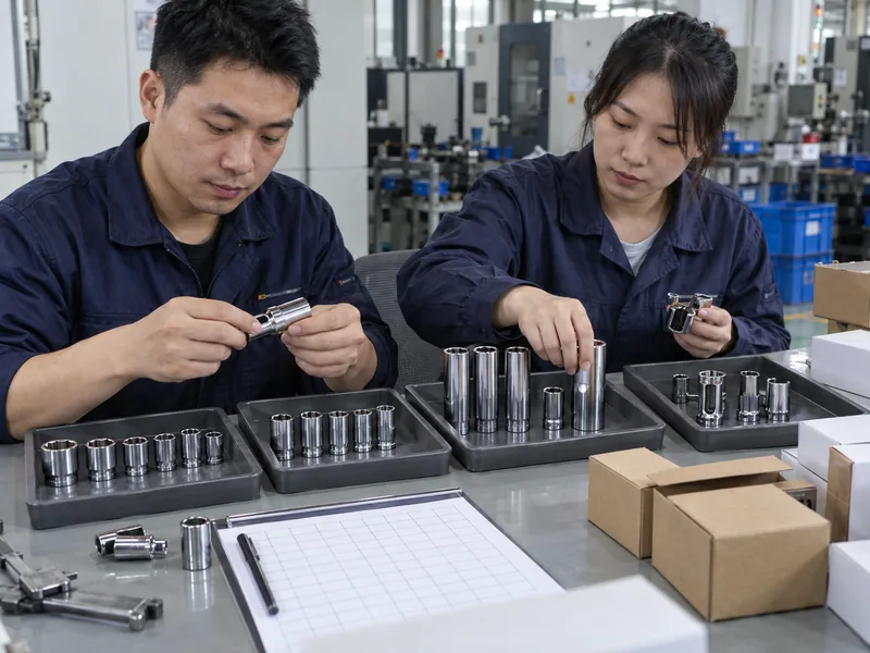 Chinese tool professionals organizing a verified spark plug socket assortment by size and access role