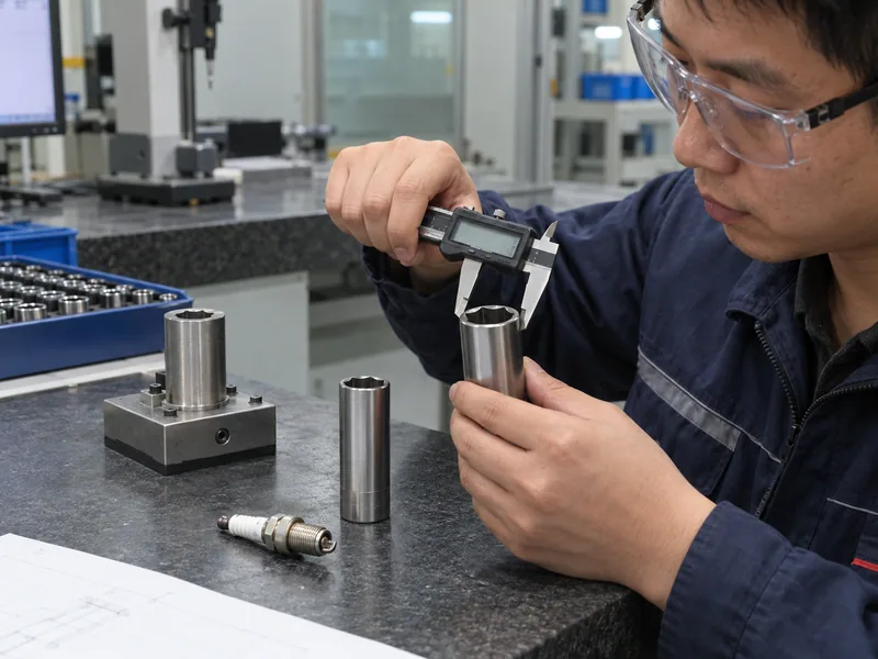 Quality technician measuring spark plug socket opening and wall clearance with a caliper