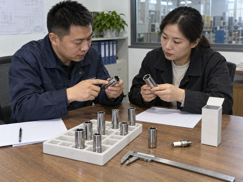B2B buyer and quality engineer reviewing spark plug socket samples and blank RFQ documents