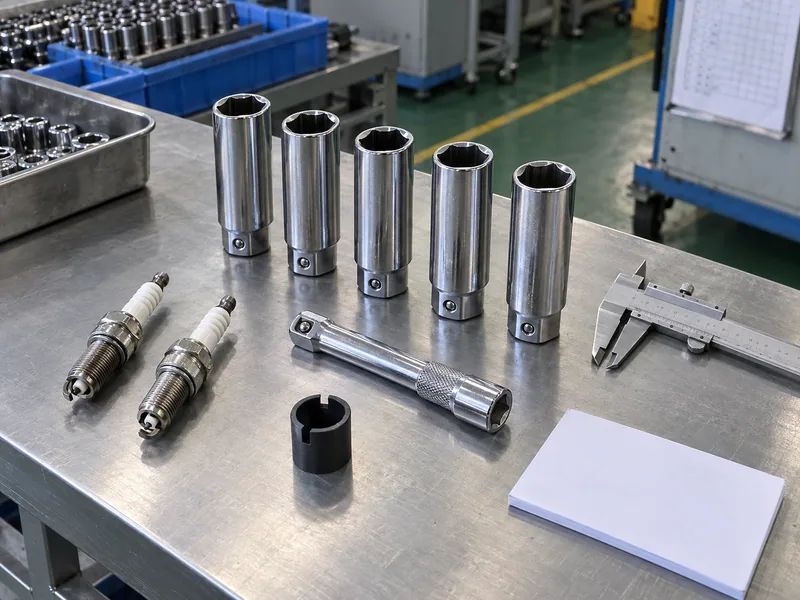Buyer approval layout with spark plug socket samples, plugs, caliper, and inspection card