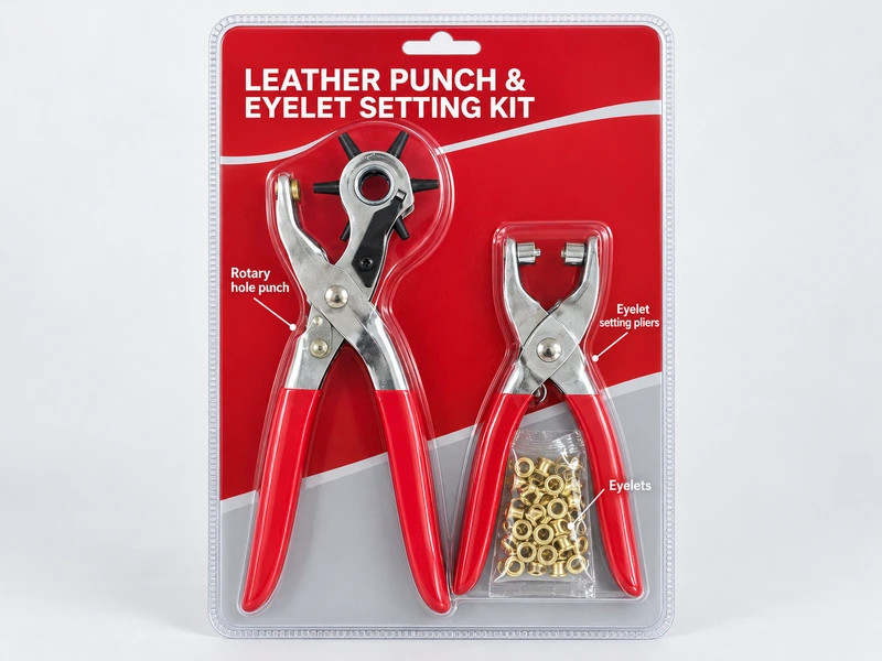 English-labeled rotary punch and eyelet-setting kit with separate tools and loose eyelets