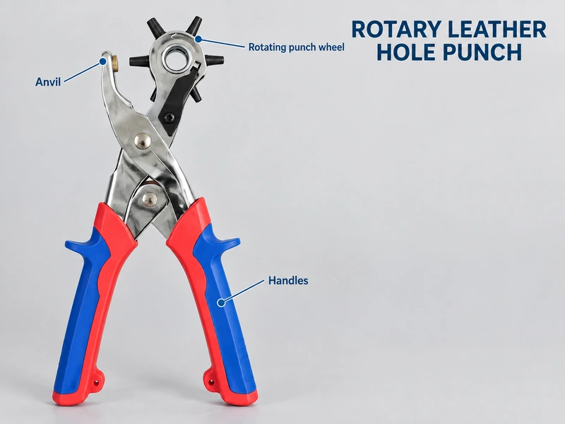 Rotary leather hole punch with English labels for the wheel, anvil and handles
