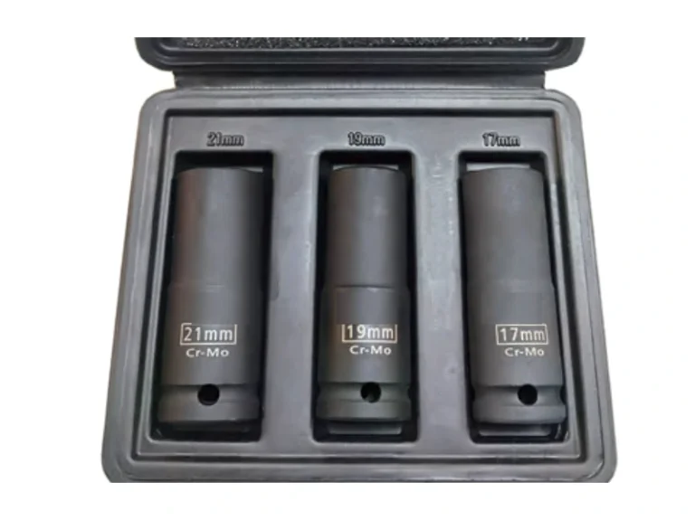 Three thin-wall deep impact sockets in an open case