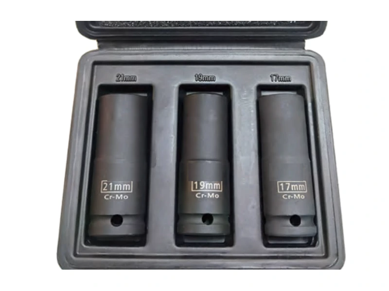 Three thin-wall deep impact sockets in an open case
