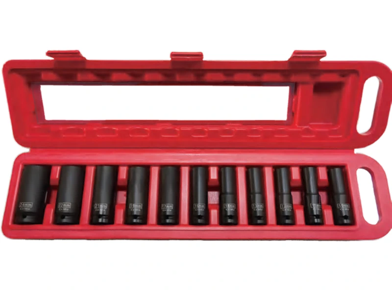 Metric deep impact sockets in an open red case