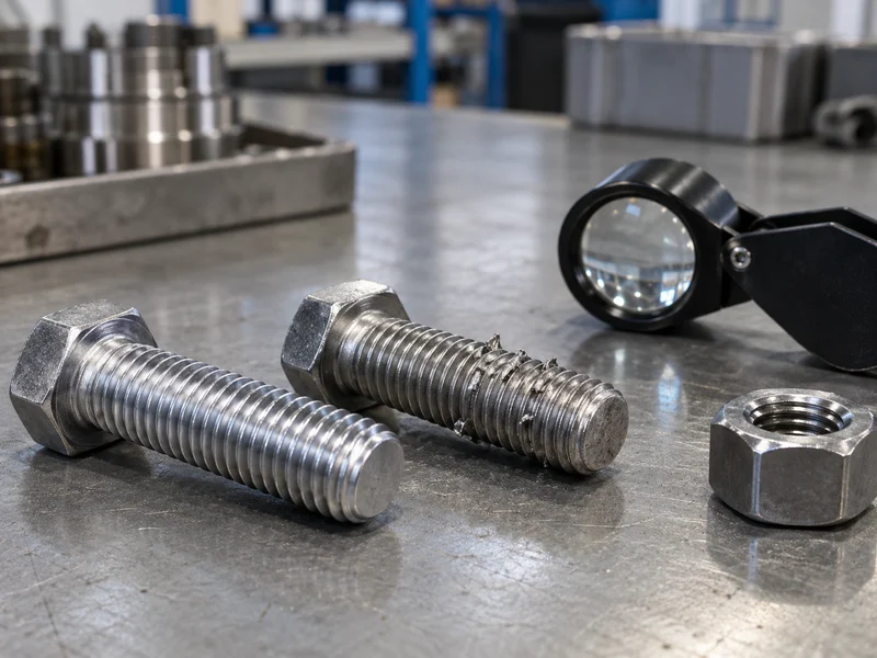 Threaded bolt and nut samples beside a magnifier for condition review