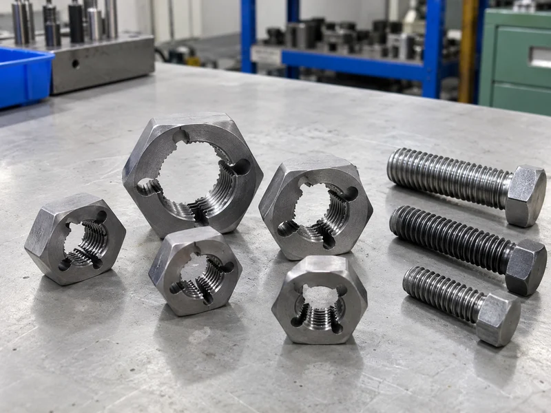 Hexagonal thread-restoring dies beside bolts with matching-looking thread forms