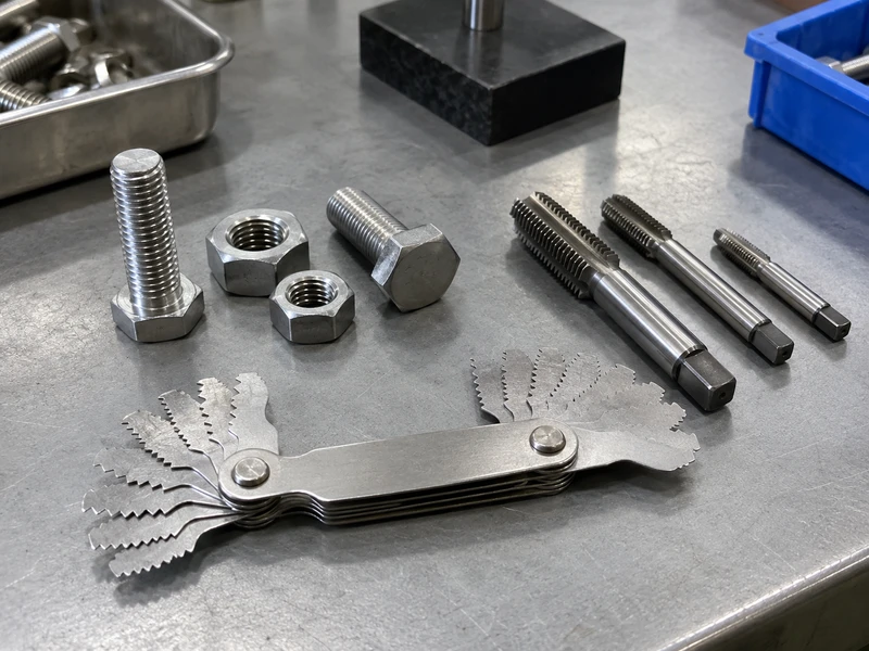 Thread pitch gauge beside sample bolts and taps