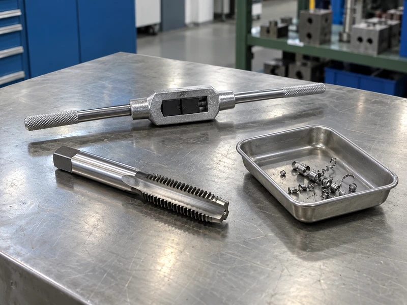 Hand tap tool and loose metal chips in a separate tray
