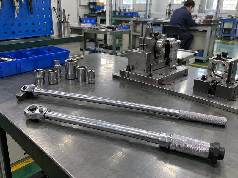Torque wrench and breaker bar arranged on an industrial workbench