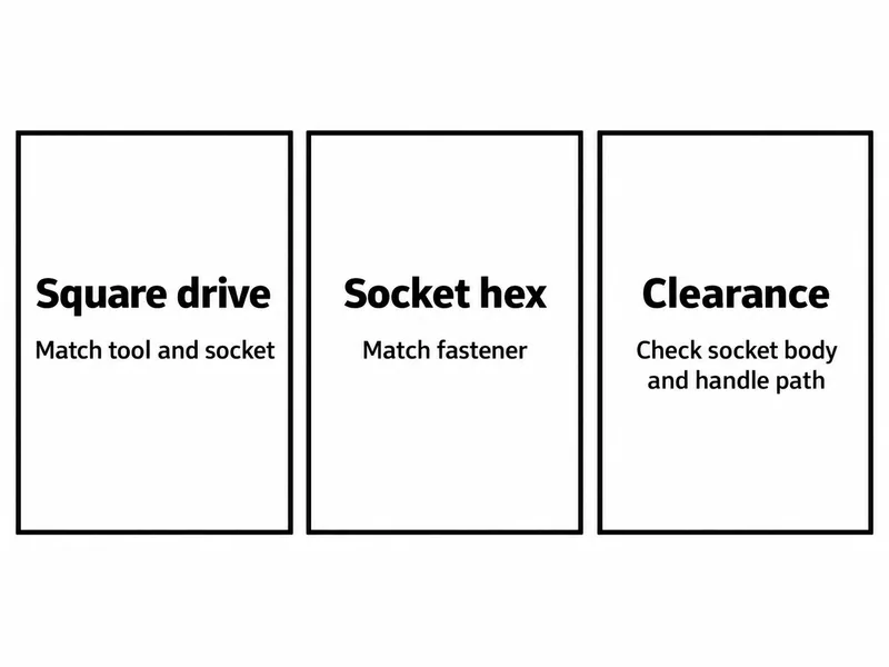 Selection cards distinguishing square drive, socket hex, and working clearance