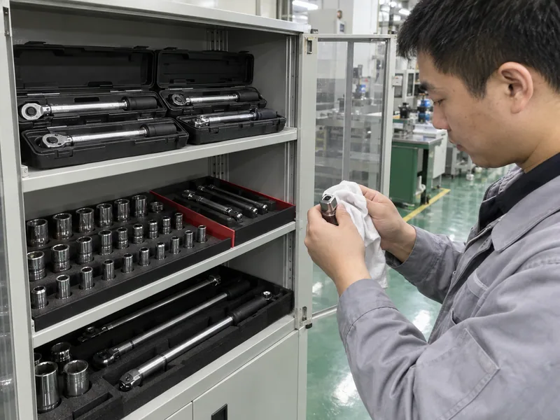 Tool maintenance and storage in a clean factory cabinet