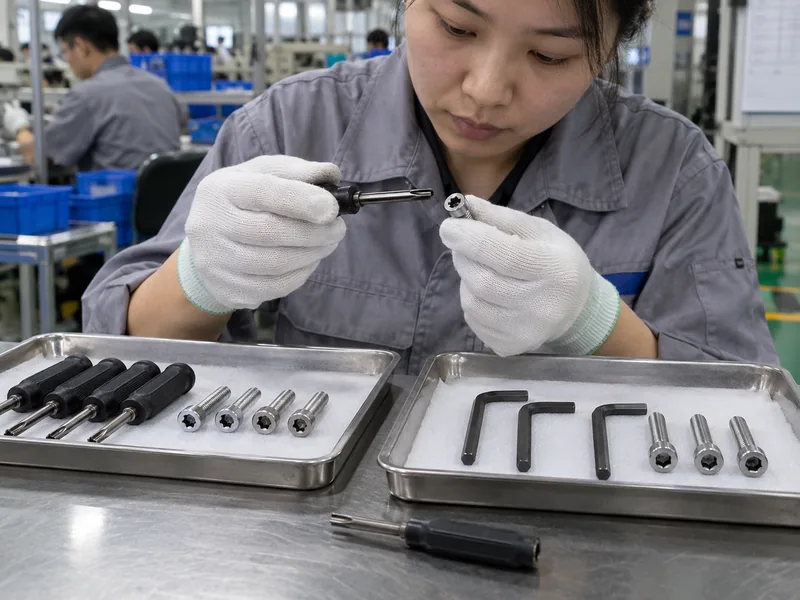 Chinese technician checking Torx and Allen driver engagement in matching sample fasteners