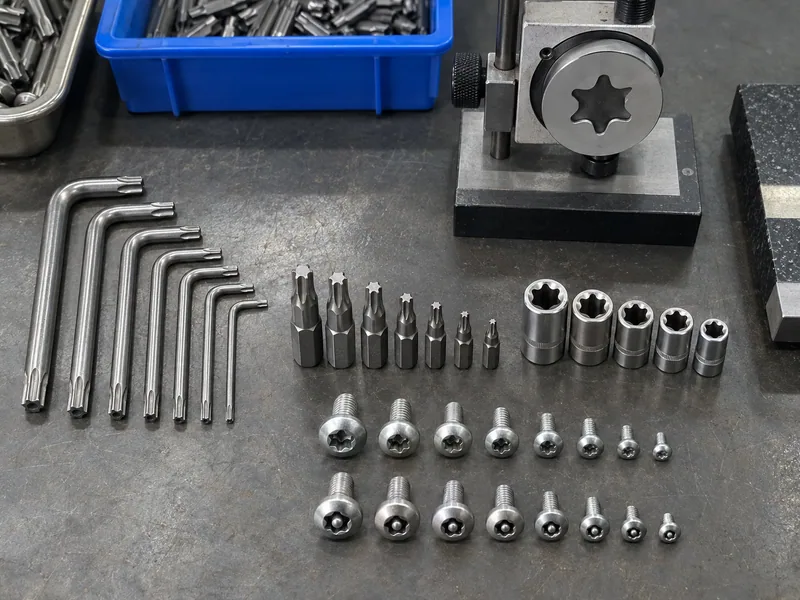 Unbranded Torx driver samples and a profile gauge arranged on a factory inspection bench