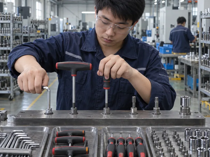 Chinese technician comparing Allen keys, Torx keys, bits, and sockets on a service fixture