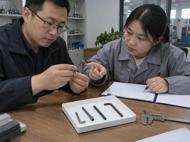 Chinese B2B buyers reviewing Torx and Allen samples with blank RFQ sheets