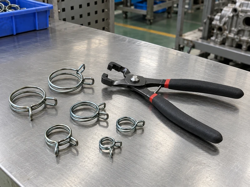 Wire hose clamp pliers beside round-wire spring clamp samples