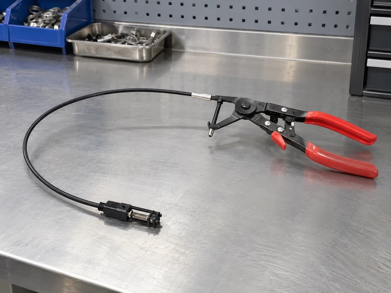 Remote-cable hose clamp pliers with the jaw head shown separately from the handle