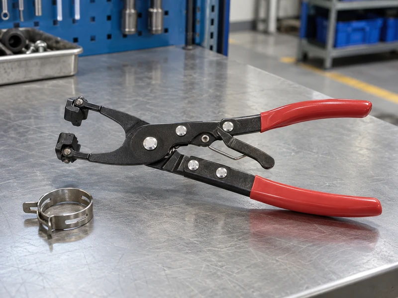 Locking hose clamp pliers with swivel jaw pads visible