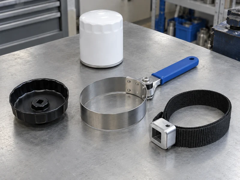 Cap, metal band, and fabric strap oil filter wrenches arranged on a product sample bench