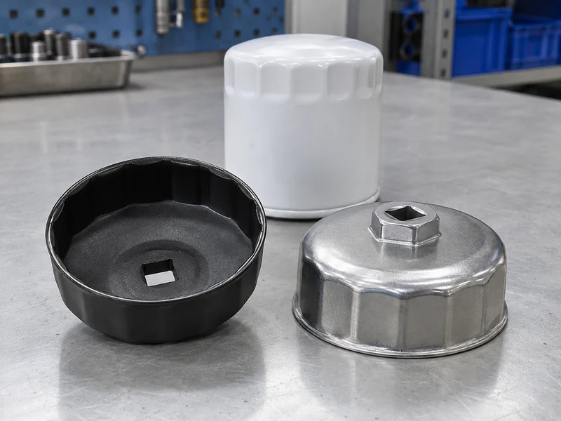 Two fluted cap oil filter wrenches showing their internal profiles beside an unmarked spin-on filter