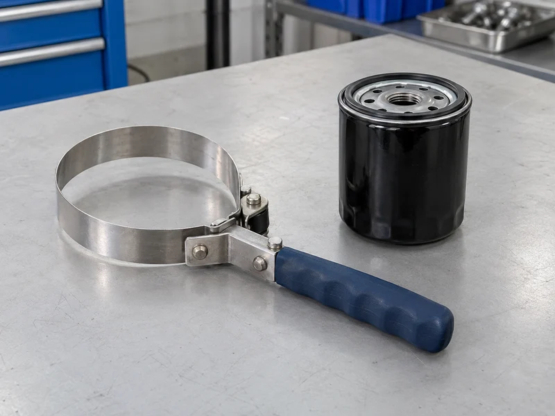 Metal band oil filter wrench with a pivoting handle beside an unmarked filter