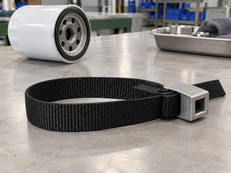 Woven strap oil filter wrench laid out with its loop and square-drive body visible