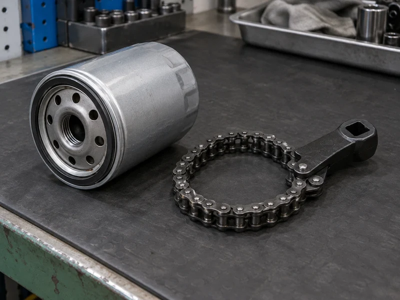 Chain-type oil filter wrench and a separate plain metal spin-on filter on a workshop bench
