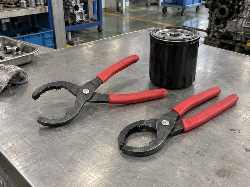 Unbranded red-grip oil filter pliers with curved serrated jaws beside a plain spin-on filter