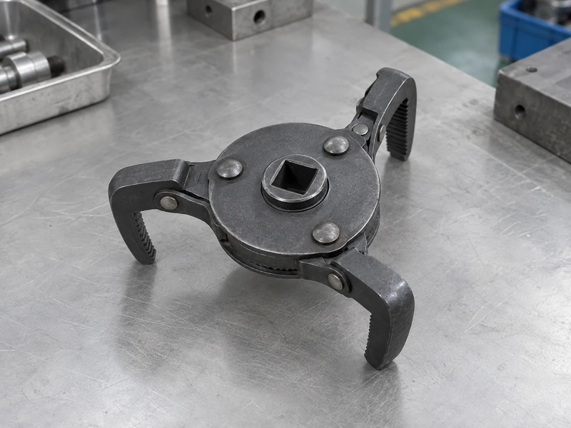 Unbranded three-jaw adjustable oil filter wrench with a visible square drive on a clean inspection bench