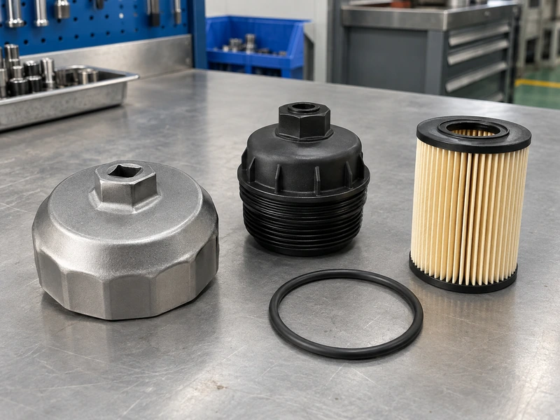 Metal cup oil filter wrench beside a reusable cartridge cap, separate O-ring, and pleated filter element