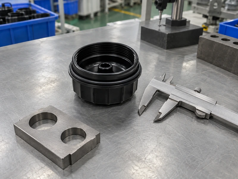 Unbranded oil filter cap sample with a caliper and separate go/no-go inspection gauge on a factory bench