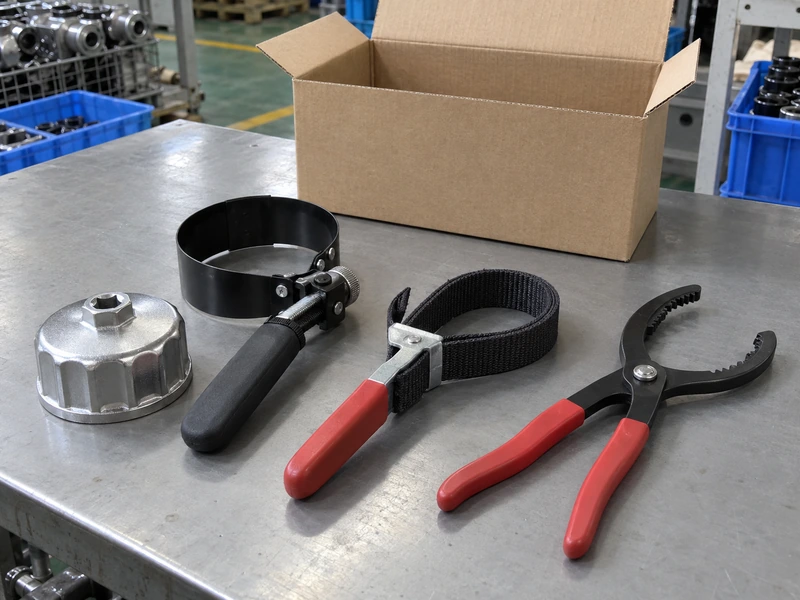 Organized unbranded buyer assortment of cup, band, strap, and plier oil filter wrenches beside a blank packing box