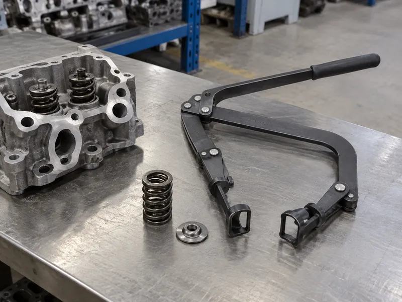 Lever-style valve spring compressor beside a cylinder head and a loose spring