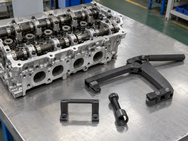 Bolt-on lever compressor components beside an overhead-cam cylinder head