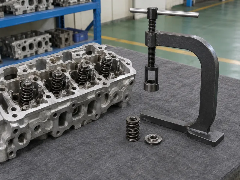 C-frame valve spring compressor standing beside a removed cylinder head