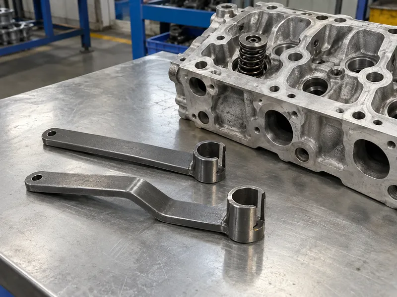Straight and offset compressor jaw attachments beside a cylinder-head casting